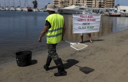 A municipal worker walks nearby a man holding a banner saying "Politicians you let the Mar Menor die" in Puerto Bello de la Manga, near Murcia on August 25, 2021. Thousands of dead fish have washed up on the shores of the Mar Menor, a large saltwater lagoon in south-east Spain. Environmentalists attributed the high mortality of the fishes to a lack of oxygen in the water -- Photo: Jose Miguel  Fernandez/ AFP