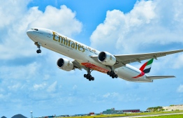 (FILE) An Emirates plane Departing Maldives on September 18 with President Ibrahim Mohamed Solih to 76th Annual Session of the UNGA: Emirates announced a loss for the first time in three decades in June -- Photo: President's Office