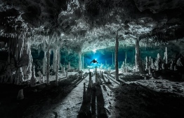 Speleothems cast long shadows at Cenote dos Pisos in Quintana Roo state, Mexico. 
Winner: Exploration Photographer of the Year
Photograph: Martin Broen