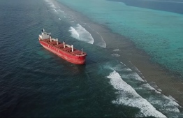 The cargo ship that ran aground on Rasfari Reef -- Photo: Mohamed Shahid