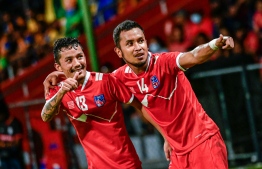 Nepal's player's celebrating after scoring in the game between Nepal and Sri Lanka on Monday evening -- Photo: Nishan Ali/ Mihaaru