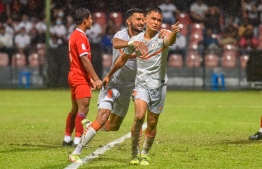 India's Sunil Chhetri celebrating after scoring the first goal against Nepal on Saturday evening: he was titled Best Player and awarded the Golden Shoe of SAFF Championship -- Photo: Fayaz Moosa / Mihaaru
