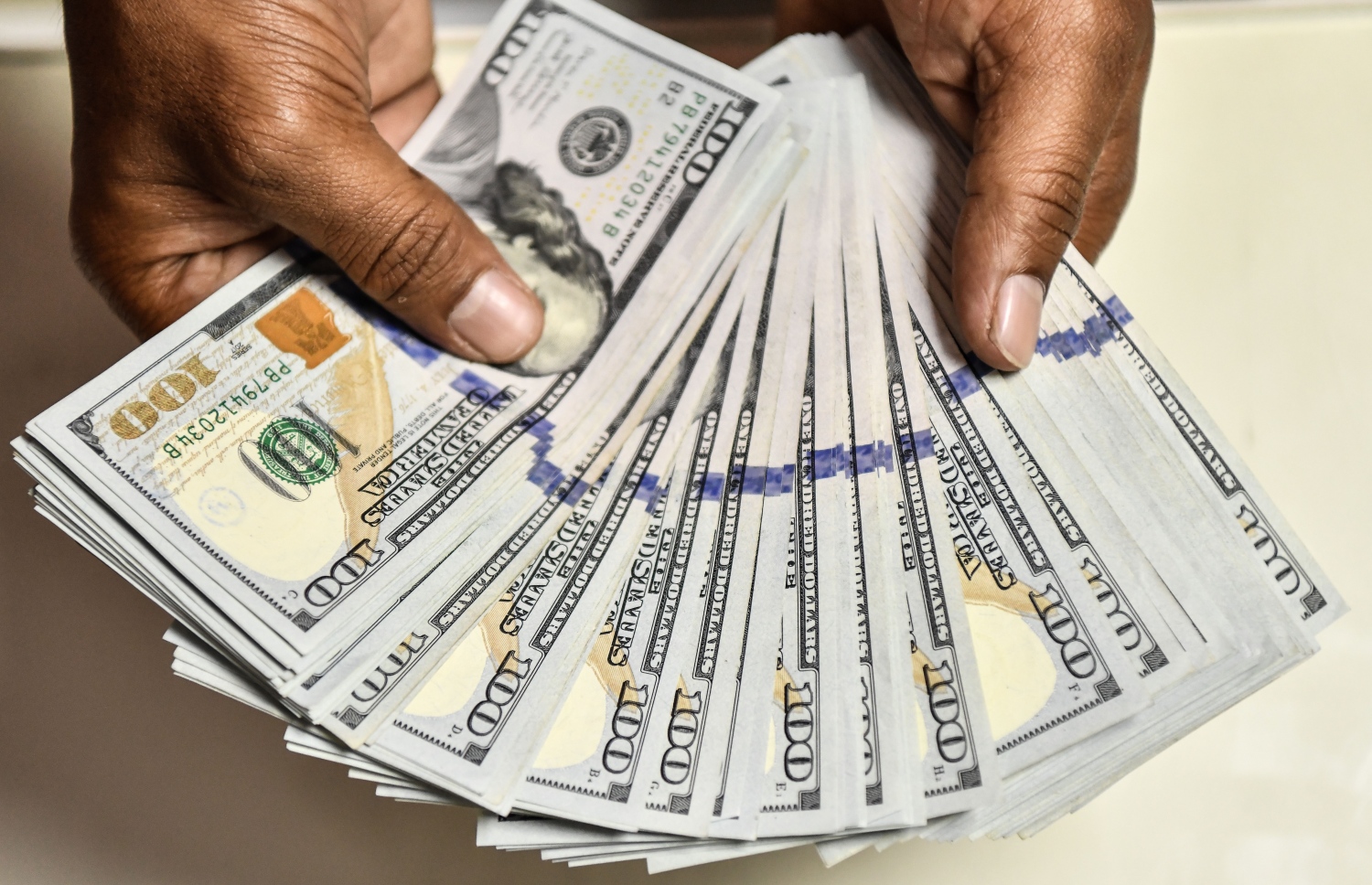 ޑޮލަރުތަކެއް މީހަކު ހިފައިގެން ހުއްޓާ. ޑޮލަރުގެ އަގު އަނެއްކާ ވެސް ދަނީ އުފުލެމުން--ފޮޓޯ:މިހާރު