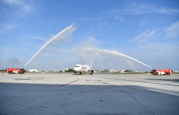 MACL welcoming the first flight to the newly opened apron with a water salute on Thursday, November 4, 2021 — Photo: Nishan Ali / Mihaaru