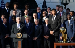 US President Joe Biden speaks during an event honoring the 2021 NBA Championship Milwaukee Bucks on the South Lawn of the White House in Washington, DC on November 8, 2021. -- Photo : Mandel Ngan/ AFP