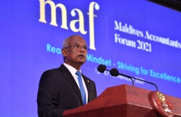 President Ibrahim Mohamed Solih at the Maldives Accounting Forum on Monday -- Photo: Fayaz Moosa/ Mihaaru