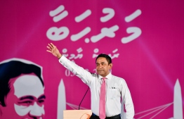Former President Abdulla Yameen speaks at "Felaalaifi" rally held by opposition coalition on Friday, December 23, 2022. PHOTO: NISHAN ALI / MIHAARU