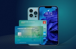 Photo showing BML AmEx cards and an iPhone13 Pro: AmEx card users have a chance to win an iPhone13 Pro with BML's new promotion -- Photo: BML