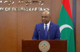Minister Abdulla Shahid addressing the media in Foreign Ministry on Saturday, January 8, 2022 -- Photo: Fayaz Moosa / Mihaaru