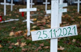 A symbolic cross in tribute to the 29th woman killed in Austria is pictured at Auer-Welschbach Park in Vienna, Austria on November 30, 2021. -- Photo: Andrea Klamar-Hutkova / AFP