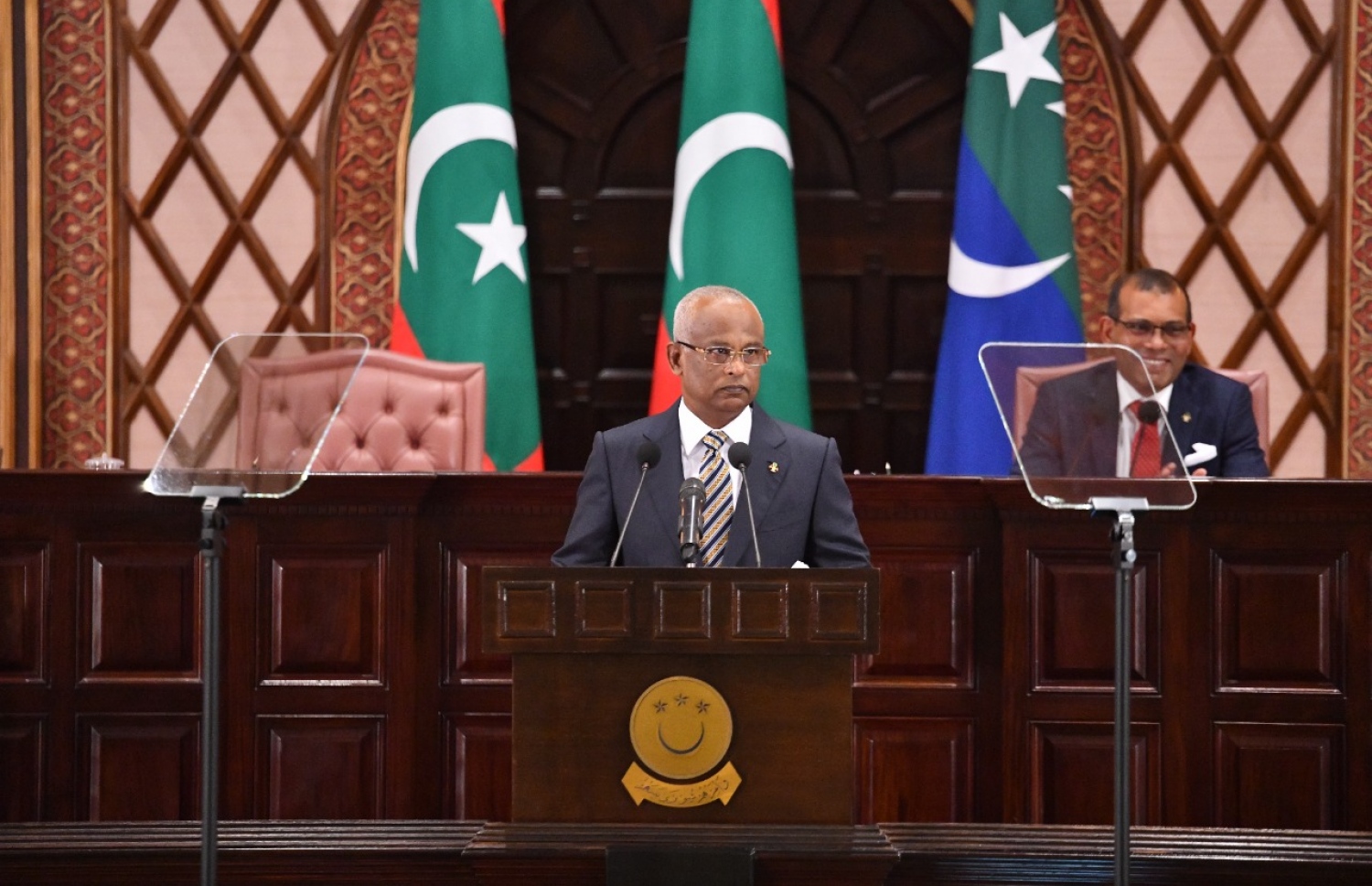 ރައްޔިތުންގެ މަޖިލިސް މިއަހަރަށް ހުޅުވާ ޖަލްސާގައި ރައީސް އިބްރާހިމް މުހައްމަދު ސޯލިހު ރިޔާސީ ބަޔާން އިއްވަވަނީ.-- ފޮޓޯ: މަޖިލިސް