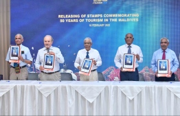 Tourism industry's notable pioneers unveiled the official special stamp series -- Photo: Nishan Ali/Mihaaru