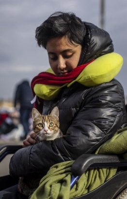 Shatabdi Sharma from India holds her cat as she and other refugees from many different countries - from Africa, Middle East and India - mostly students of Ukrainian universities  arrive at the Medyka pedestrian border crossing fleeing the conflict in Ukraine, in eastern Poland on February 27, 2022. - As Ukraine braces for a feared Russian invasion, its EU member neighbours are making preparations for a possible influx of hundreds of thousands or even millions of refugees fleeing military action. (Photo by Wojtek RADWANSKI / AFP)