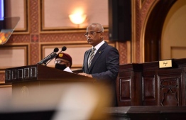 [FILE] President Ibrahim Mohamed Solih delivering his presidential address at the People's Majlis for the year 2022. --Photo: People's Majilis