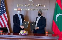 USAID Mission Director, Reed Aeschliman (L) and State Minister of Foreign Ministry Ahmed Khaleel on March 16, 2022, in Foreign Ministry -- Photo: Foreign Ministry