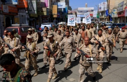 Forces loyal to Yemen's Huthi rebels take part in a military parade marking the seventh anniversary of the Saudi-led coalition's intervention in their country, in the capital Sanaa, on March 31, 2022. -- Photo: Mohammed Huwais / AFP