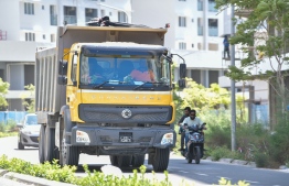 Heavy load trucks operate frequently in Hulhumale' for several ongoing developmental projects-- Photo: Nishan Ali | Mihaaru