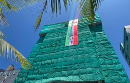 "India Out" banner placed at the private residence of former president Abdulla Yameen Abdul Gayoom--