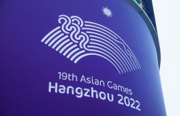 A logo of the 2022 Asian Games is seen in Hangzhou, in China's eastern Zhejiang province on May 6, 2022. (Photo by AFP) / 