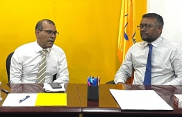 (FILE) Mohamed Nasheed (L) and Fayyaz Ismail at the MDP Office on May 16, 2022 -- Photo: MDP