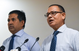 MP for Maduvvaree constituency Adam Shareef (R) talking at a press conference held by the PPM/PNC Coalition's parliamentary group on May 18, 2022 -- Photo: Nishan Ali / Mihaaru