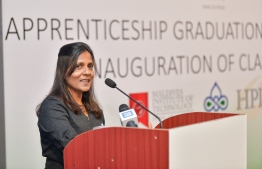 First LAdy Fazna Ahmed ) addressing the students at the ceremony held at MNU Auditorium on May 28 -- Photo: Nishan Ali / Mihaaru
