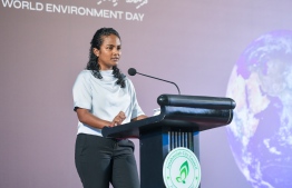 Minister of Environment, Climate Change and Technology Ms. Aminath Shauna at the Environment Day commemoration ceremony in Fuvahmulah -- Photo: Fayaz Moosa/Mihaaru