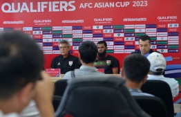 Francesco Moriero - Maldives National Team coach along with other members of the team during the pre-game press conference -- Photo: FAM