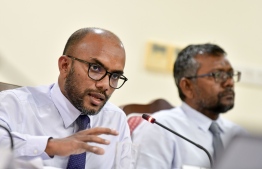 Minister of Finance Ibrahim Ameer (L) along with his cabinet colleague Minister of Economic Development Fayyaz Ismail at Parliament Committee meeting