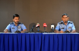 Monday evening's press briefing by Maldives Police Service over the recent yoga protest and nude videos leak-- Photo: Nishan Ali | Mihaaru