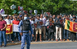 Police stop Sri Lankan protest in Male', over Maldives providing protection for Sri Lankan President Gotobaya Rajapakse, on Wednesday, July 13, 2022 -- Photo: Nishan Ali/ Mihaaru