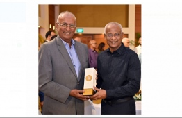 Emirates Area Manager for Sri Lanka and Maldives Chandana De Silva (left) with President Ibrahim Mohamad Solih at the MATI awards gala -- Photo: Emirates