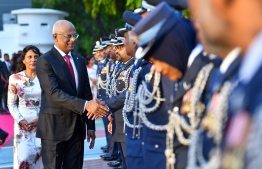President Ibrahim Mohamed Solih shaking hands with some officers after the flag raising ceremony held on July 26, 2022, to celebrate Maldives' 58th Independence Day -- Photo: Fayaz Moosa / Mihaaru