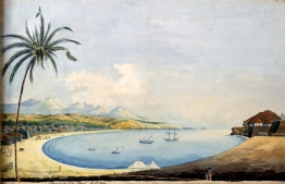 A watercolor painting depicting the Cannanore Fort and bay by John Johnston (c.1795-1801)-- Photo: John Johnston
