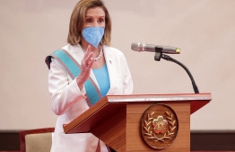 This handout taken and released by Taiwan's Presidential Office on August 3, 2022 shows US House Speaker Nancy Pelosi speaking in the Presidential Office in Taipei. -- Photo by Handout / Taiwan Presidential Office / AFP