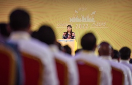 (FILE) MP Rozaina Adam speaks at MDP's Congress meeting August 20, 2022: Rozaina has been a vocal supporter of President Ibrahim Mohamed Solih in the internal conflict within MDP -- Photo: Fayaaz Moosa