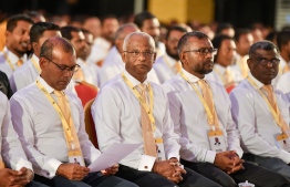 [File] MDP Presidential Candidate President Ibrahim Mohamed Solih and party President Nasheed with MDP leaders: The MDP has questioned jurisdiction over the motion to annul the primary results