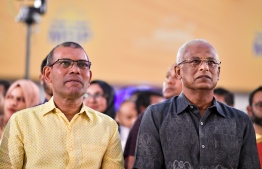 [FILE] Speaker Nasheed (L) and President Ibrahim Mohamed Solih (R) at the closing ceremony of MDP Congress 2022