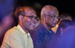 Maldives Speaker Mohamed Nasheed with President Ibrahim Mohamed Solih during the closing ceremony of ruling Maldivian Democratic Party's (MDP) 2022 congress-- Photo: Fayaz Moosa | Mihaaru