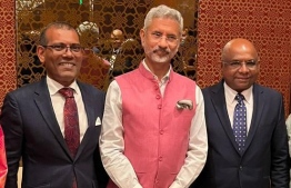 Parliament Speaker Mohamed Nasheed (L) with Indian External Affairs Minister Dr. Jaishankar (C) and Maldivian Minister of Foreign Affairs Abdulla Shahid (R)--