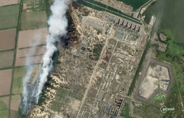 his satellite image obtained on August 29, 2022, courtesy of Planet Labs, Inc. shows a SkySat image captured on August 23, 2022 showing forest fires near Zaporizhzhia Nuclear Power Plant damaged during the Russia-Ukraine conflict. - The Zaporizhzhia plant -- Europe's largest atomic facility -- has been occupied by Russian troops since the start of the war. (Photo by Handout / Planet Labs / AFP)