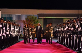 President Ibrahim Mohamed Solih flanked by Minister of Defense and MNDF top brass, at the 130th anniversary ceremony of the Maldivian army-- Photo: President's Office