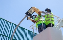 LED lights being installed in Male' city -- Photo: Male' city council