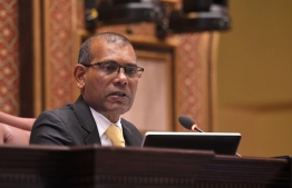 (FILE) Parliament Speaker and former President of the Maldives Mohamed speaking in parliament: Nasheed has requested for MDP members that lost their membership to be reinstated -- Photo: Parliament