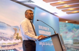 Minister of Economic Development Mr. Fayyaz Ismail addresses attendees at the signing ceremony between Maldives government and JMC Projects towards Hanimaadhoo International Airport expansion project-- Photo: Ministry of Economic Development