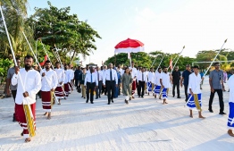 President Solih and First Lady Fazna Ahmed arriving in Utheemu. -- Photo: President's Office