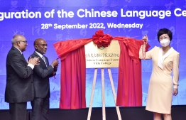 Chinese Ambassador Wang Lixin and Maldivs Foreign Secretary Ahmed Lateef inaugurate the Chinese Language Center (CLC) at Villa College -- Photo: Fayaaz  Moosa