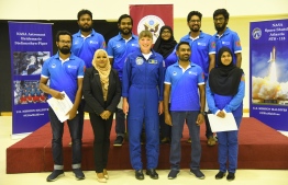 Former NASA astronaut  Heidemarie Stefanyshyn-Piper and the Maldives Space Team at the certificate awarding ceremony held at the Social Center. Photo: IGS