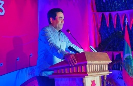 Former President Abdulla Yameen at an opposition party rally during one of his trips--