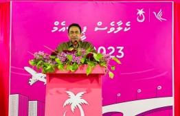 (FILE) Former President Abdulla Yameen talking in Haa Alif Kelaa on October 17: he is scheduled to visit Addu in the beginning of November, after the trip to Noonu atoll -- Photo: PPM